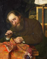 Portrait of a Bearded Man Studying a Tapestry with a Magnifying Glass